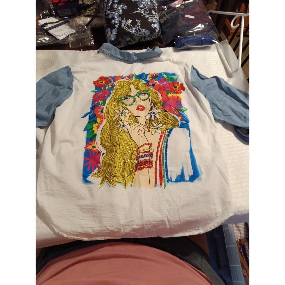 Women's Pastel Beaded Shirt T-Shirt Top | Sz Medium Glitter Graphic Tee Y2K... - Picture 3 of 6